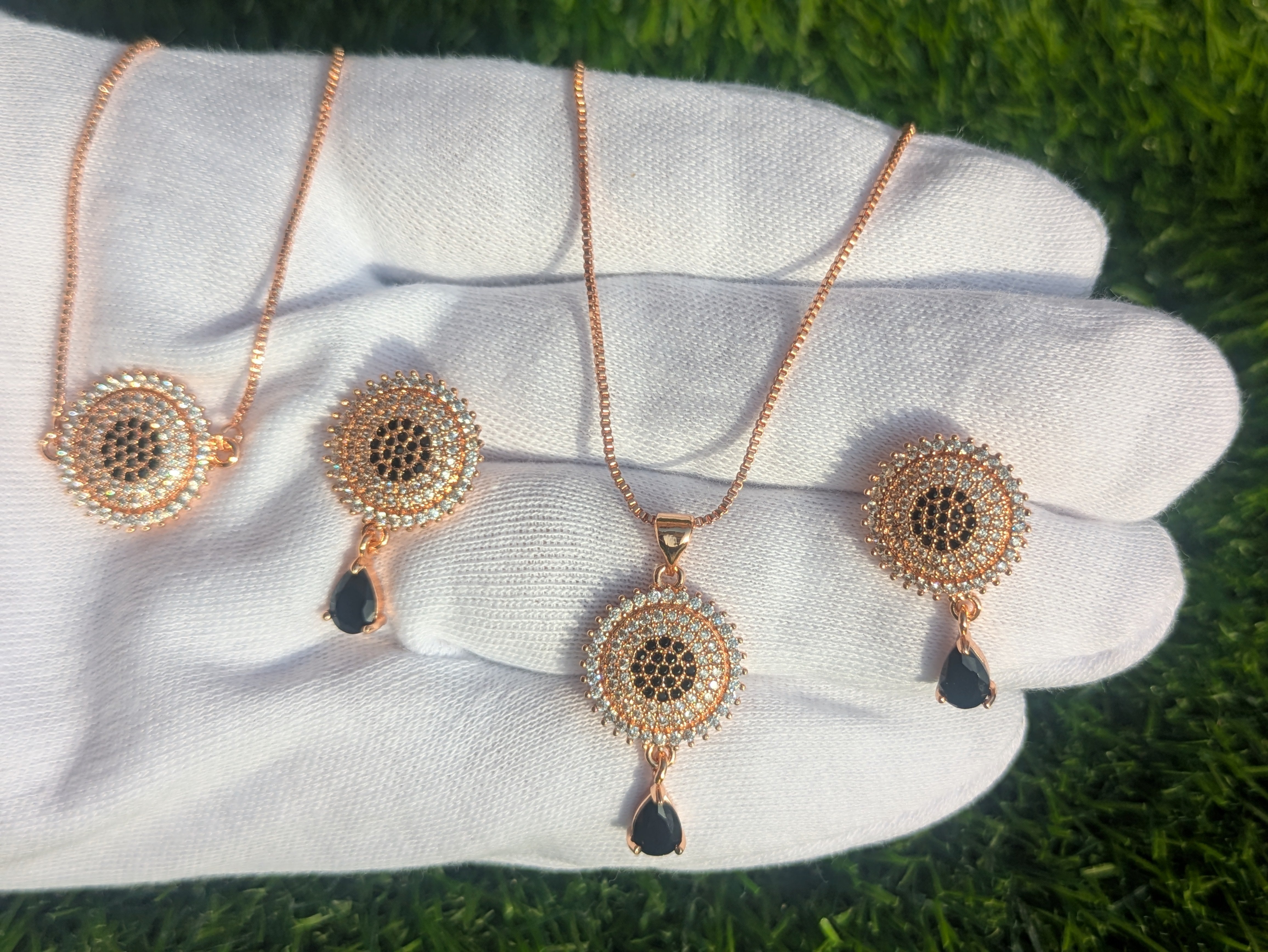 Elegant Rose Gold Black Stone Necklace Set for Girls & Womens