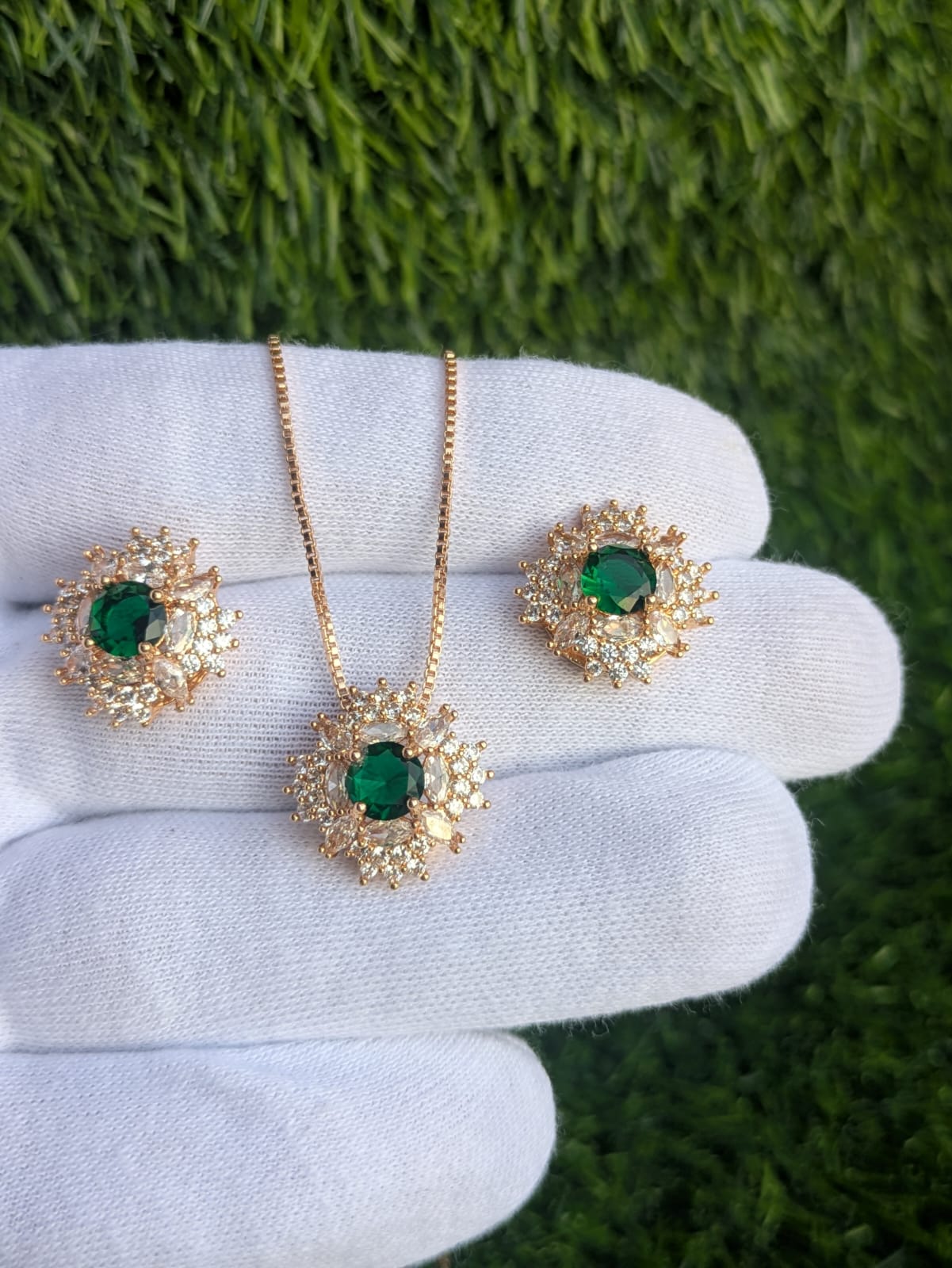 Luxury Green Stone Necklace Set Gold Plated for Girls & Womens