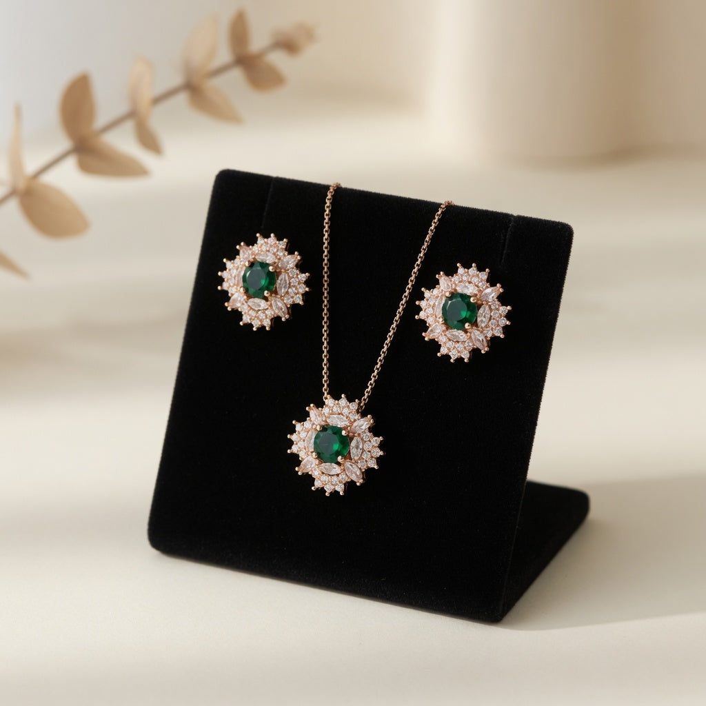 Luxury Green Stone Necklace Set Gold Plated for Girls & Womens