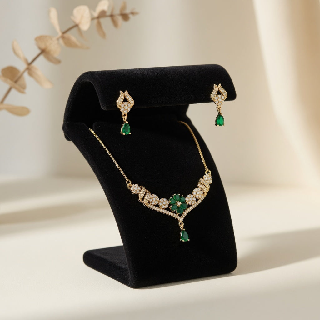 Elegant Green Floral Necklace Set Gold-Plated for Girls & Womens