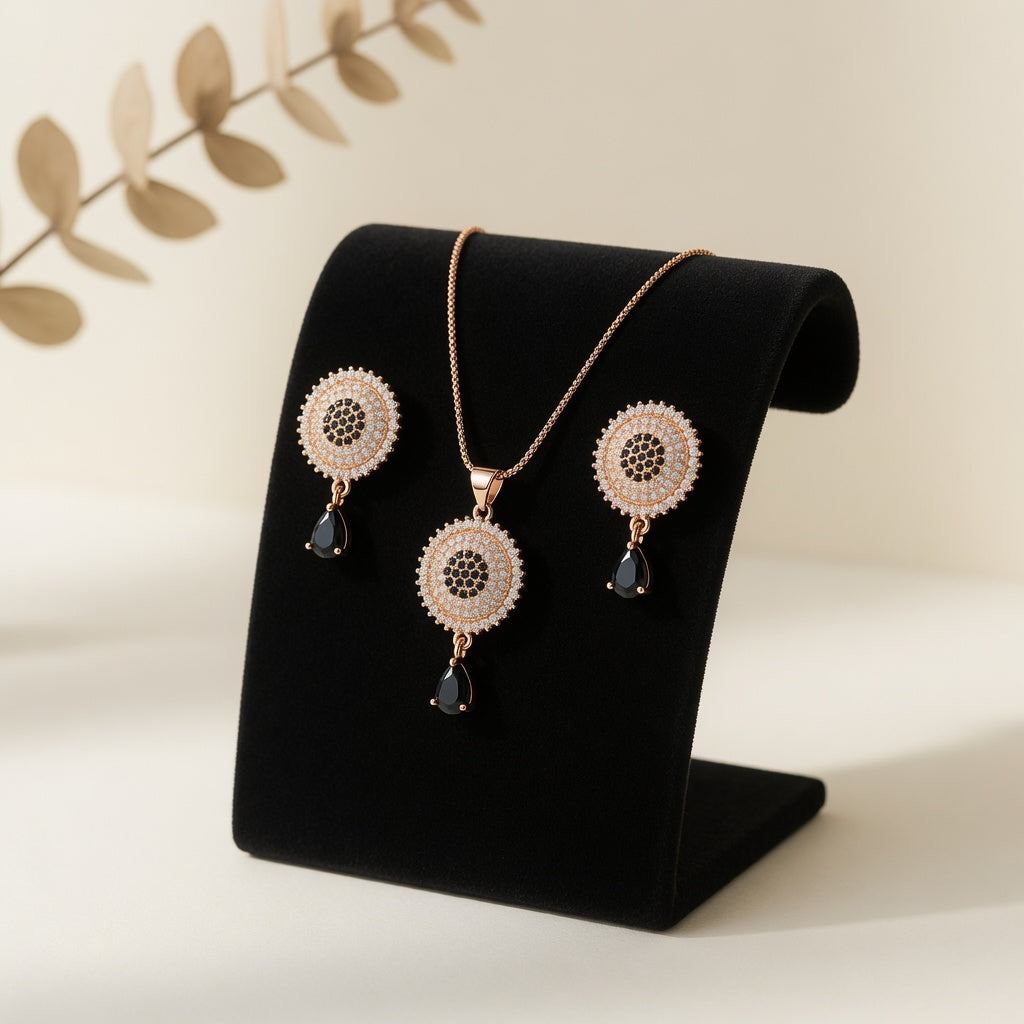 Elegant Rose Gold Black Stone Necklace Set for Girls & Womens